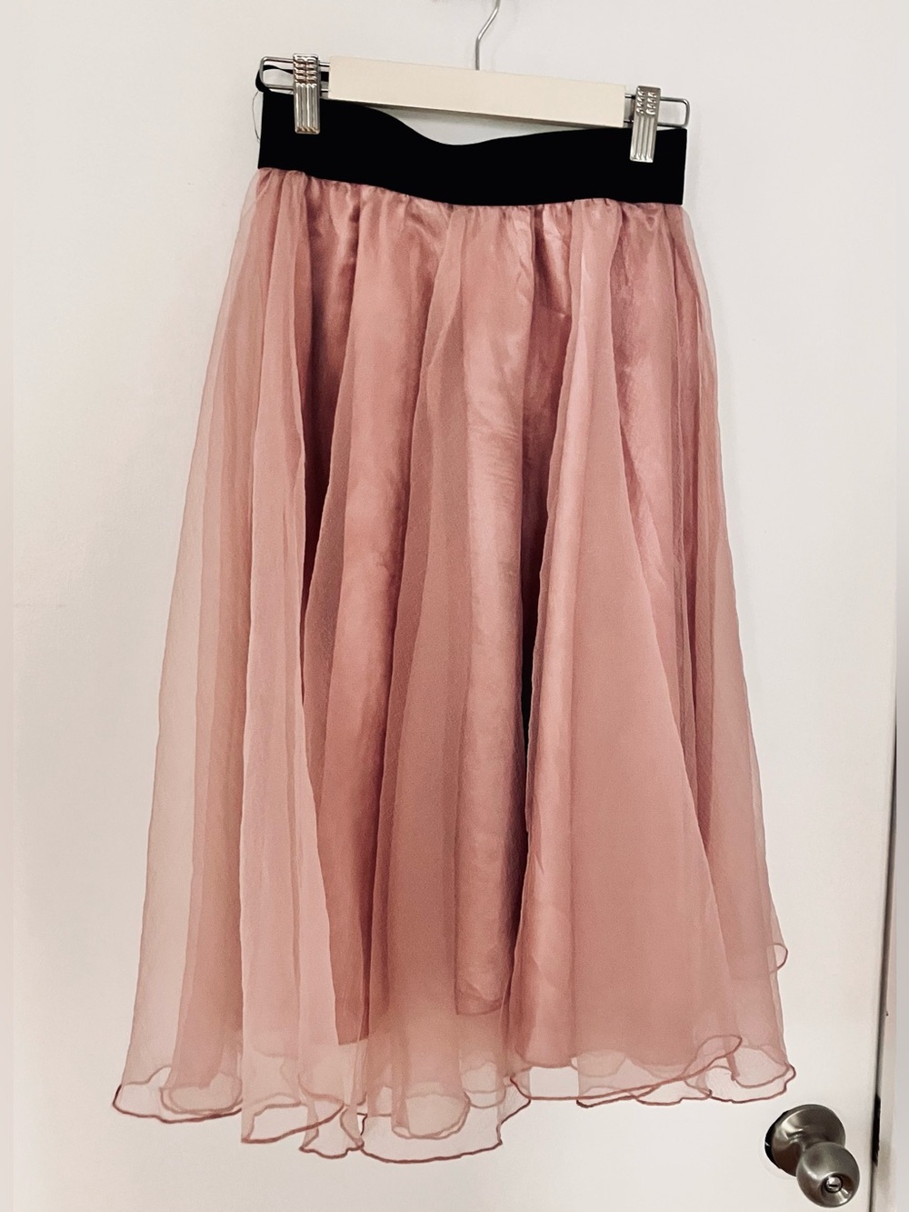 Rose Pink Tulle A-Line Midi Skirt with Black Waistband